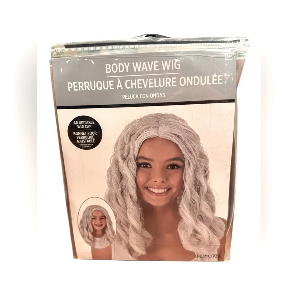 Body Wave Wig Curls Silver Glitter Fancy Dress Up Halloween Adult Costume